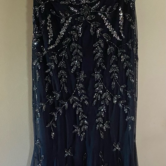 MARINA Midnight Blue Gown with Silver Beaded Leaf Design - Picture 3 of 8